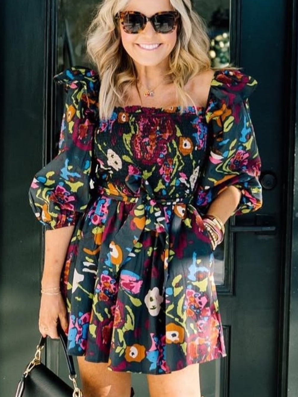 Cleobella Black Multi Floral Smocked Puff-Sleeve Mini Dress size small - Picture 1 of 9